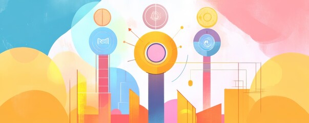 Obraz premium A vibrant, abstract illustration featuring colorful shapes and figures set against a pastel background, evoking a sense of creativity and modern design.