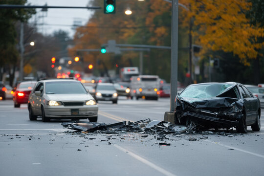 Intersection showing signs of a crash with damaged traffic lights and vehicles