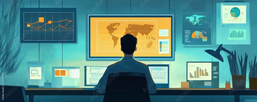 Poster a person sits at a desk surrounded by multiple screens displaying graphs and a world map, immersed i