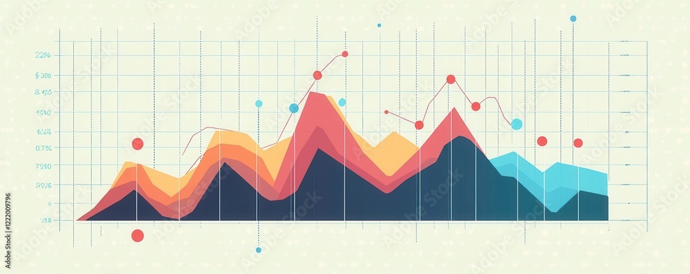 Poster a colorful line graph illustrating data trends over time with multiple peaks and troughs, complement