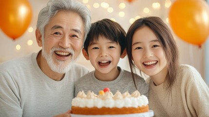 A joyful family celebrates with a birthday cake, surrounded by orange balloons, showcasing love and happiness.