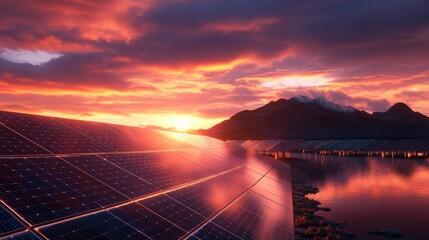 Solar panels reflecting sunlight in a vast solar farm, with engineers monitoring energy output