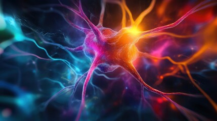 A bright, glowing neural network visualization with colorful interconnected nodes and flowing data streams