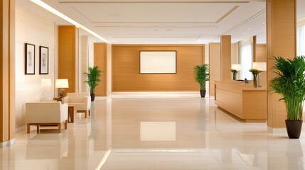 Fototapeta premium A modern, well-lit lobby featuring wooden accents, potted plants, and minimalist furniture, creating a welcoming atmosphere.
