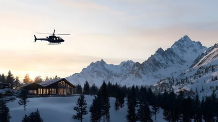 Aerial view of a helicopter flying over a picturesque mountain resort with a luxurious lodge nestled below surrounded by a breathtaking winter landscape of snow capped peaks and pristine forests