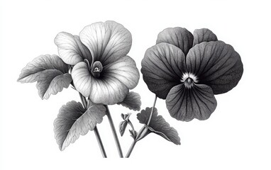 Fototapeta premium A monochrome vector illustration of two violets, one in full bloom and the other in a closed bud form