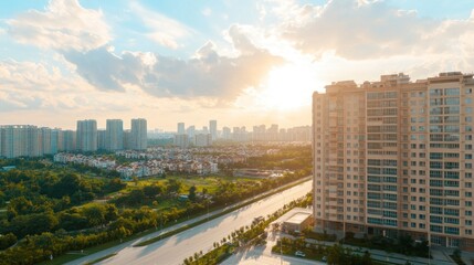 Naklejka premium Golden Hour Cityscape Modern Apartments Skyline and Green Spaces