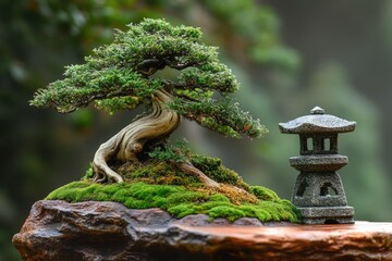 Fototapeta premium Bonsai tree and japanese stone lantern creating a peaceful zen garden atmosphere