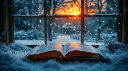 Snowy window, open book, sunset view, winter scene, cozy reading