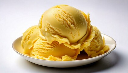 Close-up of creamy yellow ice cream scoops served on a white plate, isolated against a clean white background.