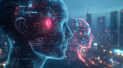 Fototapeta premium Futuristic Profile of AI Robots with Digital Cities in Background
