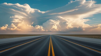 Naklejka premium Open Road Dreamscape: A dramatic, wide-angle view of a seemingly endless highway stretching towards a breathtaking sky filled with voluminous clouds, evoking a sense of journey, freedom.