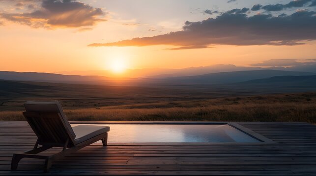 Fototapeta Breathtaking sunset view from a luxurious safari lodge featuring a private plunge pool that overlooks the stunning savanna landscape