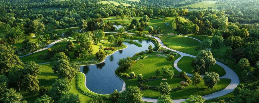World Water Day concept. Lush green park with winding paths and a serene pond.
