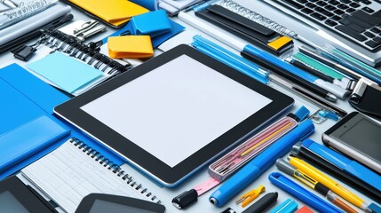 Blank Tablet Surrounded by Office Supplies on Table