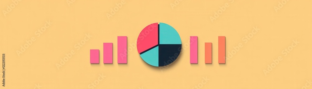 Poster a colorful pie chart with bar graphs on a warm background, representing data visualization and analy