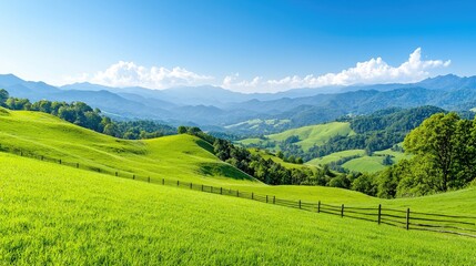 Obraz premium Sunny green hills landscape, mountain valley view, summer day, idyllic rural scene, nature background