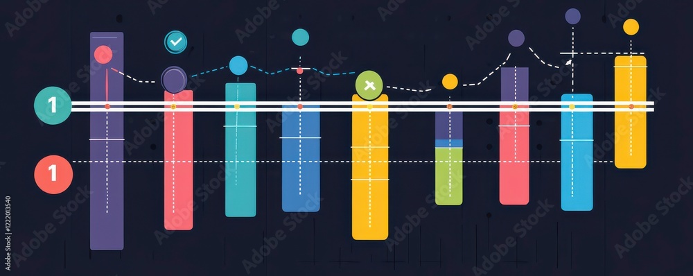 Poster a colorful bar graph displaying data points with various heights and markers, illustrating trends an