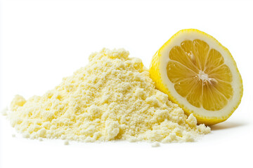 Lemon Powder Pile with a Fresh Lemon Half on White Background. A vibrant heap of yellow lemon powder next to a fresh lemon half, ideal for culinary, beverage, and health-related concepts