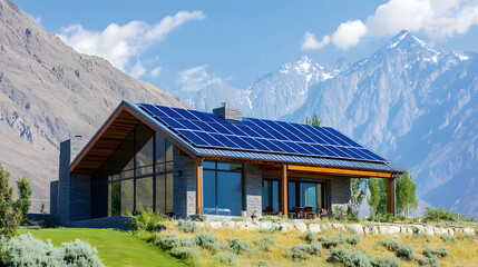 Obraz premium A luxurious mountain residence equipped with solar panels, offering an energy-efficient solution while providing stunning mountain views.