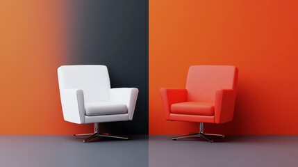 A modern chair design in contrasting colors against a gradient wall, showcasing a minimalist aesthetic.