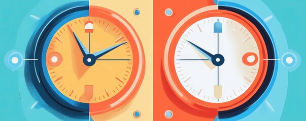 A vibrant illustration of two clocks, one orange and one white, showcasing different times against a teal background.