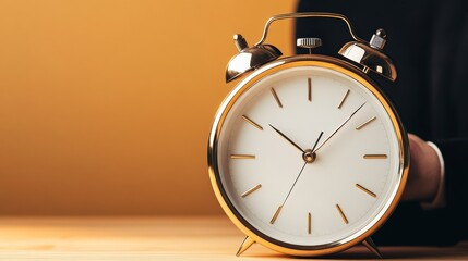 Golden Alarm Clock: A classic gold alarm clock sits on a wooden surface, its hands pointing to the time, symbolizing the passage of time and the importance of punctuality.