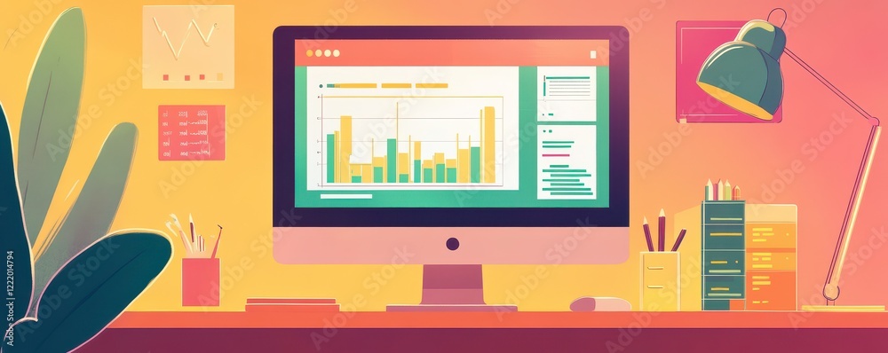 Poster a colorful workspace featuring a computer screen displaying data analytics, with stationery and plan