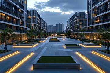 A sleek urban complex featuring sharp lines, glowing lights, and peaceful green courtyards