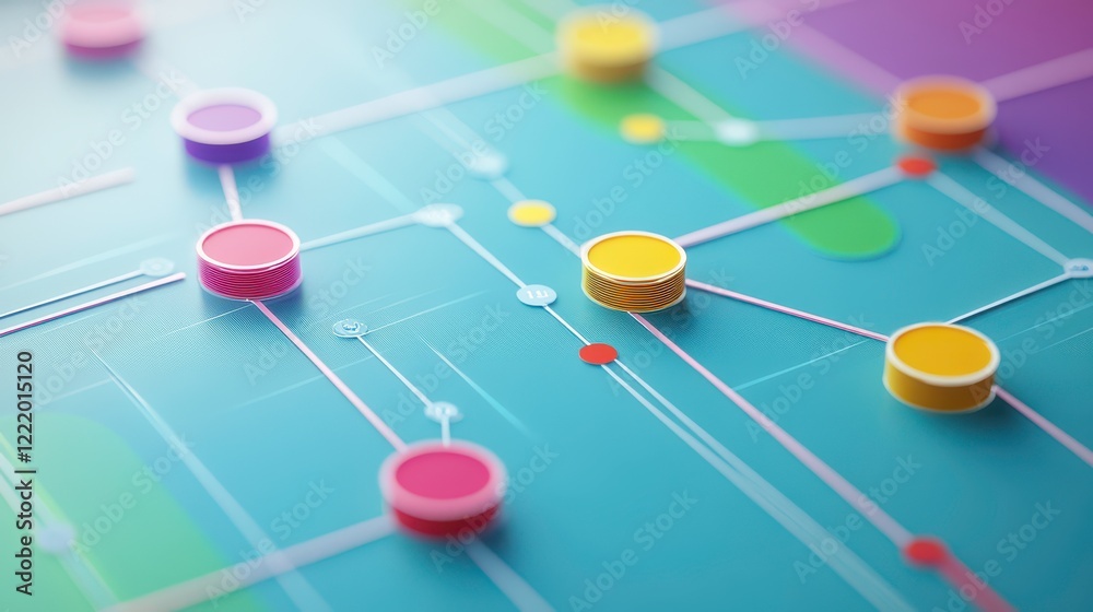 Poster a close-up view of colorful circular nodes interconnected by lines on a vibrant blue background, sug