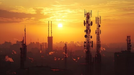 Dramatic rooftop view of a city skyline at sunset with silhouetted antennas towers and industrial structures against a vibrant fiery sky