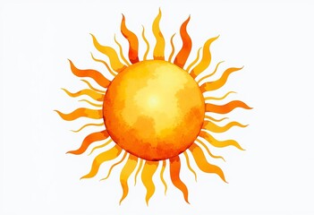 Naklejka premium Golden Watercolor Sun: Stylized Design, Radial Pattern, Pointed Rays, Soft Textures, Organic Shapes, Elegant Minimalist Style, Isolated Illustration, Pure White Background, Fine Art, Light.