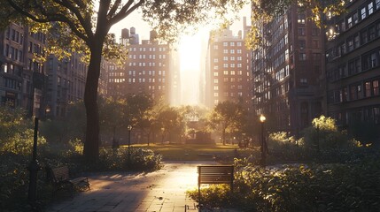 Early morning tranquil and serene view of a city park surrounded by tall modern buildings with peaceful natural light streaming through the trees and foliage  Scenic urban landscape with a calming