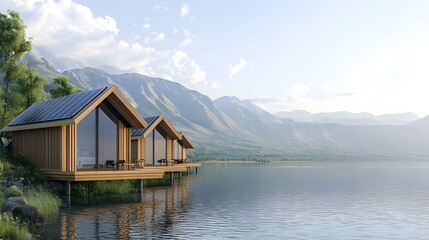 Fototapeta premium Eco friendly floating cabins nestled on a pristine mountain lake with solar panels visible on the roofs offering a peaceful and sustainable retreat for nature lovers and outdoor enthusiasts