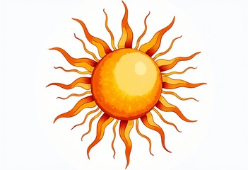 Naklejka premium Elegant Sun Illustration: Golden Watercolor, Radial Design, Pointed Rays, Soft Textures, Organic Shapes, Minimalist Style, Isolated Art, Pure White Background, Fine Art, Light, Stylized.