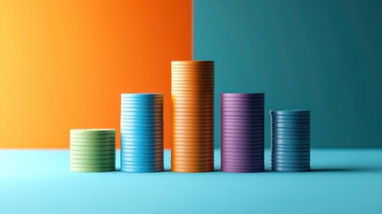 A vibrant arrangement of colorful stacks of coins on a contrasting background, symbolizing financial growth and investment.