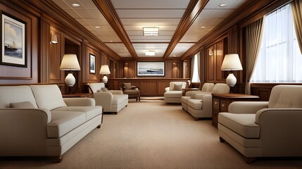 Elegant and Luxurious Lounge on a Panoramic Cruise Ship with Breathtaking Ocean Views   Cozy and Comfortable Seating Arrangement in a Modern and Refined Interior Design