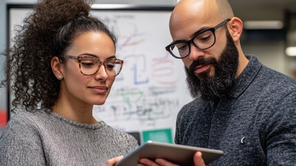 Two coworkers sharing ideas on a tablet while standing near an office whiteboard