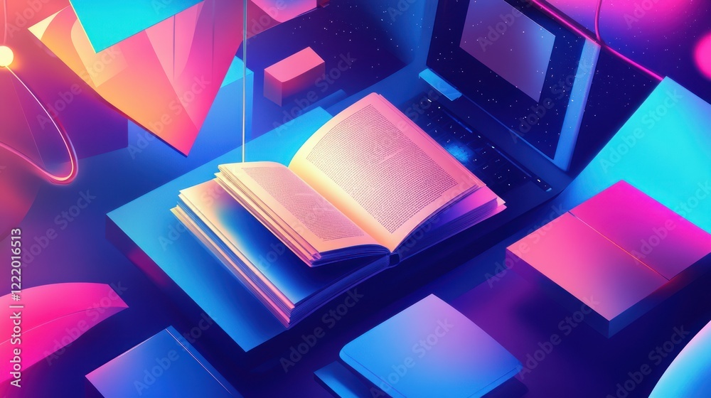 Fototapete abstract digital rendering with open book, laptop and geometric shapes on a dark background