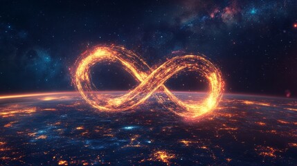 Global infinity computer technology concept with abstract data visualization and futuristic digital network connections on dark background.


