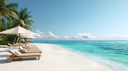 Obraz premium Exclusive private beach with high end loungers and turquoise waters creating a tranquil and serene escape for luxury vacation and relaxation