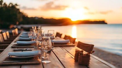 Exquisite dining table set up on a private beach with a breathtaking view of the sunset over the tranquil ocean