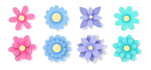Colorful Vector Paper Cut Flowers Set. 3D Illustration abstract floral icons isolated on white background. Paper Spring and Summer flowers    with Shadows. Great for Ads, Posters, Signs or Invitations