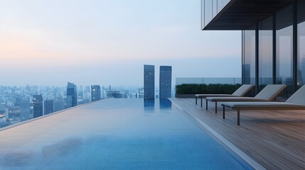 Fototapeta premium Extravagant rooftop infinity pool overlooking a captivating city skyline at the serene twilight hour offering a tranquil oasis amidst the urban landscape