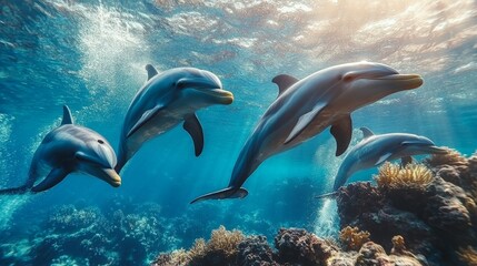 Fototapeta premium A mesmerizing underwater view of four dolphins gracefully swimming through clear blue waters with sun rays piercing through the surface near a coral reef