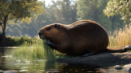 large beaver eating grass along river bank