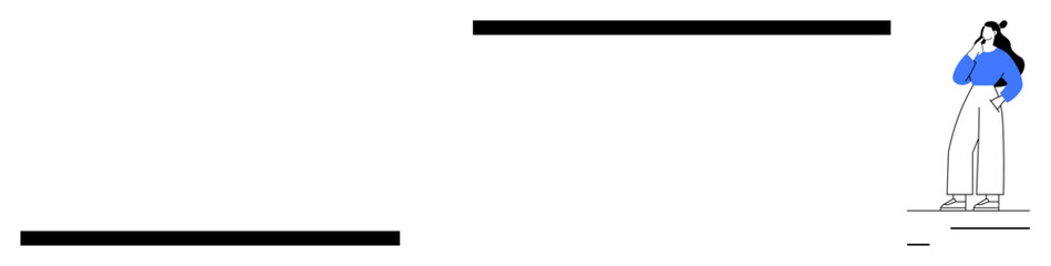 Obraz premium Woman in blue sweater and white pants standing in thought, surrounded by two bold horizontal lines. Ideal for concepts such as contemplation, thought, perspective, decision-making, questioning