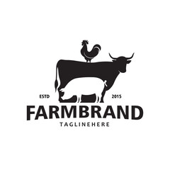 Obraz premium Farm Logo, Cow pig and chicken sign isolated on white background. Livestock symbol. Vector Design