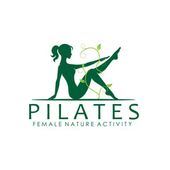 Sitting Pose Pilates Woman With Nature Leaf ,Silhouette Logo Vector Design