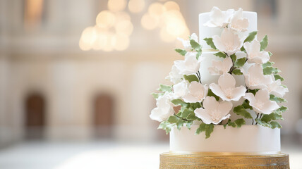 Wedding cake flowers themed, stunning five tier wedding cake adorned with elegant white flowers and greenery